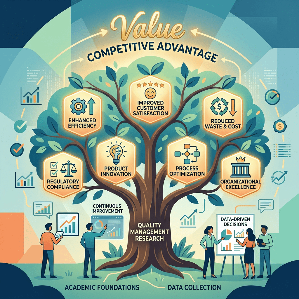 Tree diagram showing links between quality management research and benefits like improved customer satisfaction and efficiency