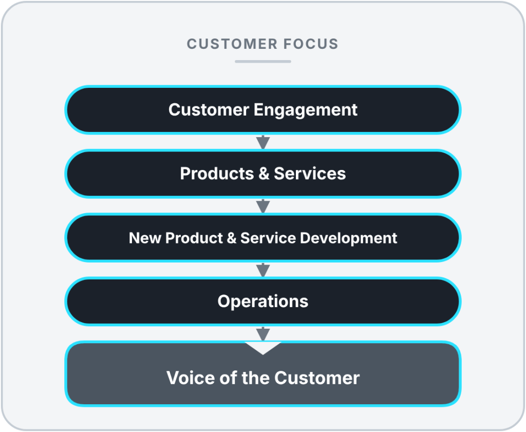 Customer focus: Customer Engagement, Products and Services, New Product and Service Development, and Operations, flowing to the Voice of the Customer