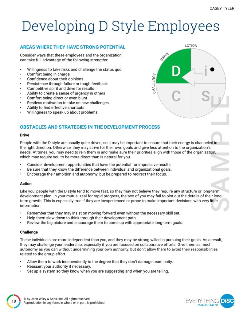 Sample Everything DiSC Management report page: Developing D Style Employees