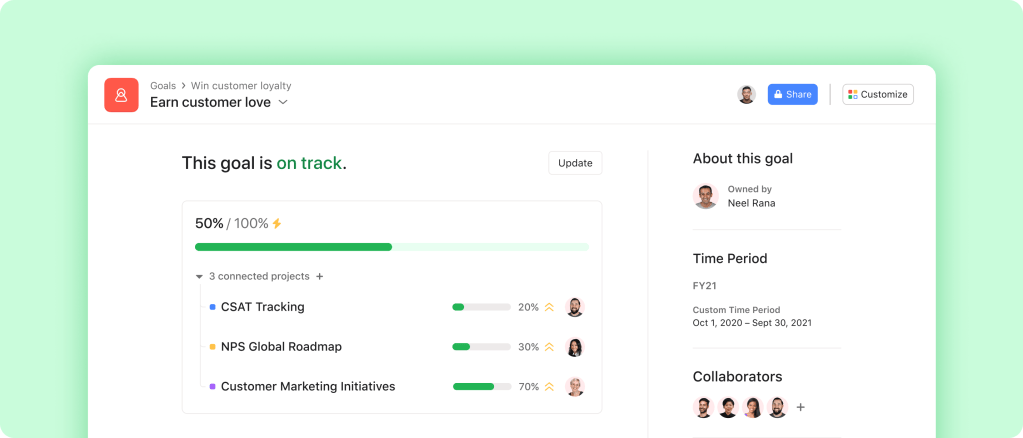 Asana goal showing progress and its connected projects