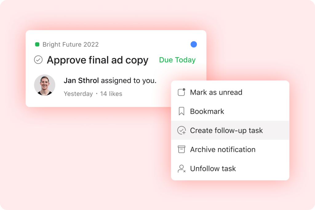 Asana inbox showing a task assigned and due today